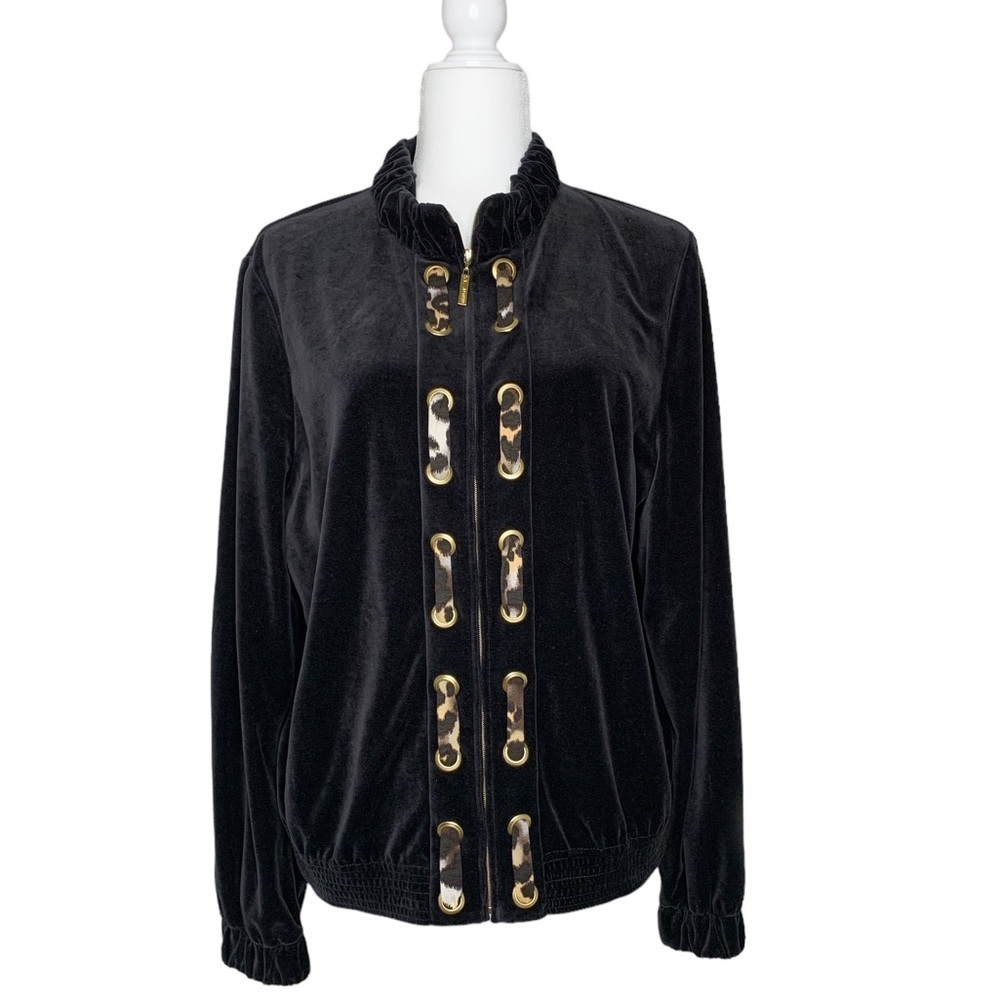 St. John Spa Zip Front Velvet Jacket w/ Stand-up‎ Collar Leopard Print Accents